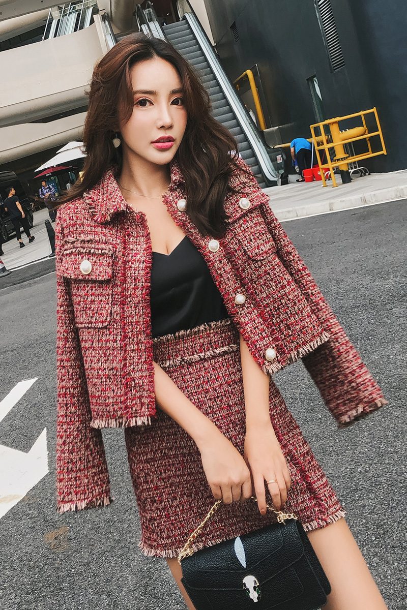 实拍现货2018秋装新款名媛小香风套装短外套粗花呢上衣半裙两件套