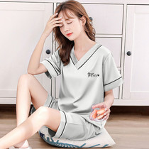 Ice Silk Pyjamas Woman 2022 New Summer Thin Style Fashion V Collar Loose Big Code Short Sleeve Shorts Home Suit Suit