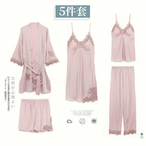 Ice silk pajamas womens summer thin two-piece set sexy sling nightgown with chest pad Spring and autumn five-piece home wear