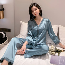 Ice silk pajamas Womens Spring and Autumn long sleeves fashion sexy outside wear loose lace summer thin home clothes two-piece set