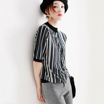 Japanese light luxury soft and breathable rainbow stripe sweater 2021 summer thin half-sleeved ice silk top women