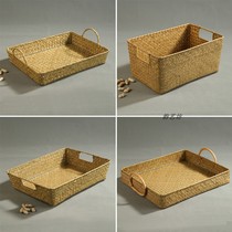 Handmade straw rectangular handle storage box creative household rattan storage basket tea set tray snack grocery basket