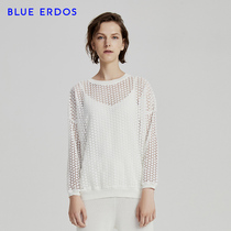 BLUE ERDOS WOMENs SPRING and summer solid color crochet pullover round neck top
