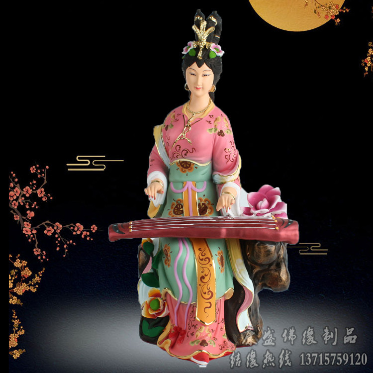 桃花仙子像树脂彩绘佛像宗教宫女抚琴美女才女16英寸仙女神像摆件