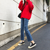 Crab lane thin retro micro-lapped jeans 2019 winter new brushed thickened warm stretch cropped pants
