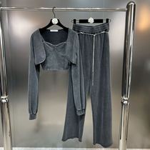 Grapefruit MM 2022 autumn long-sleeved short blouse suspenders high waist straight pants hot girl style old washed three-piece set