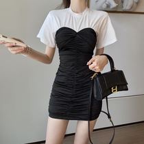 Net red with grapefruit MM2020 summer round neck short sleeve stitching wrinkle elastic waist slim sexy dress