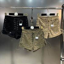 Internet celebrity pomelo MM 2022 autumn tie braided belly slimming cool motorcycle girl street tide denim shorts