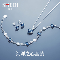 Ocean Heart Set Sterling silver necklace Women bracelet Three-piece set Crystal jewelry 520 Valentines Day gift to girlfriend