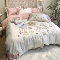 Spring and Summer 80 Embroidery Tencel Four Piece Set Cute Princess Wind Nude Sleeping Ice Silk Sheets quilt cover Bedding