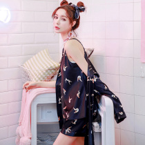 Pajamas womens summer thin three-piece set ice silk sling shorts Japanese ins student silk home service set