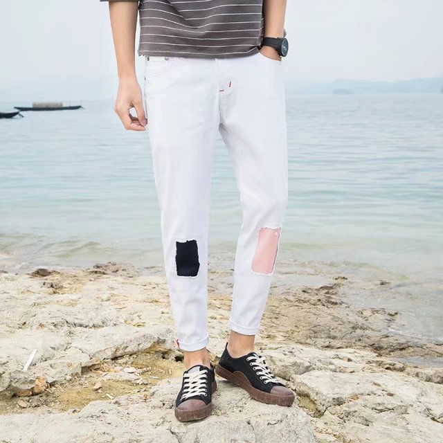 情侣裤2017春夏季新款情侣装破洞乞丐裤男女贴布拼色九分裤潮_7折现价