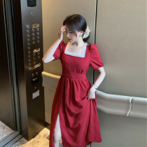 Sandro Mocoloni Herbene Wind red Lions dress Summer New body Square Collar Side Open Fork Small Gown Summer