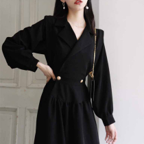 Sandro Moscoloni2021 spring new Herbene wind long sleeve dress with slim-skinny black dress