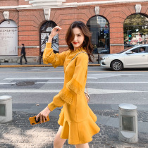 Sandro Moscoloni2021 spring with a velvety splicing lace acrosse dress with a lotus leaf side fish tail one-piece dress