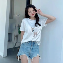 Summer Ice Silk Mulberry Silk Splice T-shirt Woman Cotton Short Sleeve Casual Printed Loose Silk Satin Half Sleeve Design Sensation Blouse