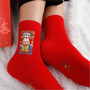 发财袜子网红本命年潮牌纯男棉鼠年属鼠圣诞袜情侣红袜子女踩小人