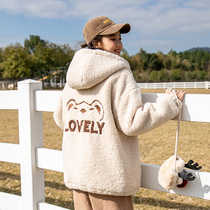 Cute Little Bear Lamb Plush Jacket Winter Dress Girl with hat Thickened Cotton Clothes Cotton Clothes Autumn Winter High School Junior High School Students