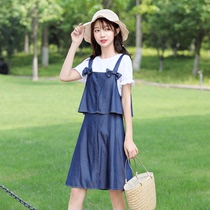 Girl Dress 2021 New Summer Style Style Set Denim Tencel Skirt High Junior High School Students Princess Dress
