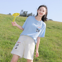 Junior high school girl 12-15 year old student summer girl two-piece big boy 16 high school student short-sleeved shorts set