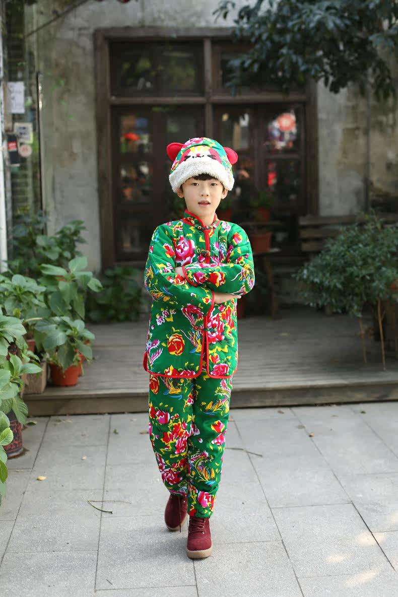 民族风童装儿童中式全棉加厚大花布秋冬对襟棉衣棉裤套装 春节款