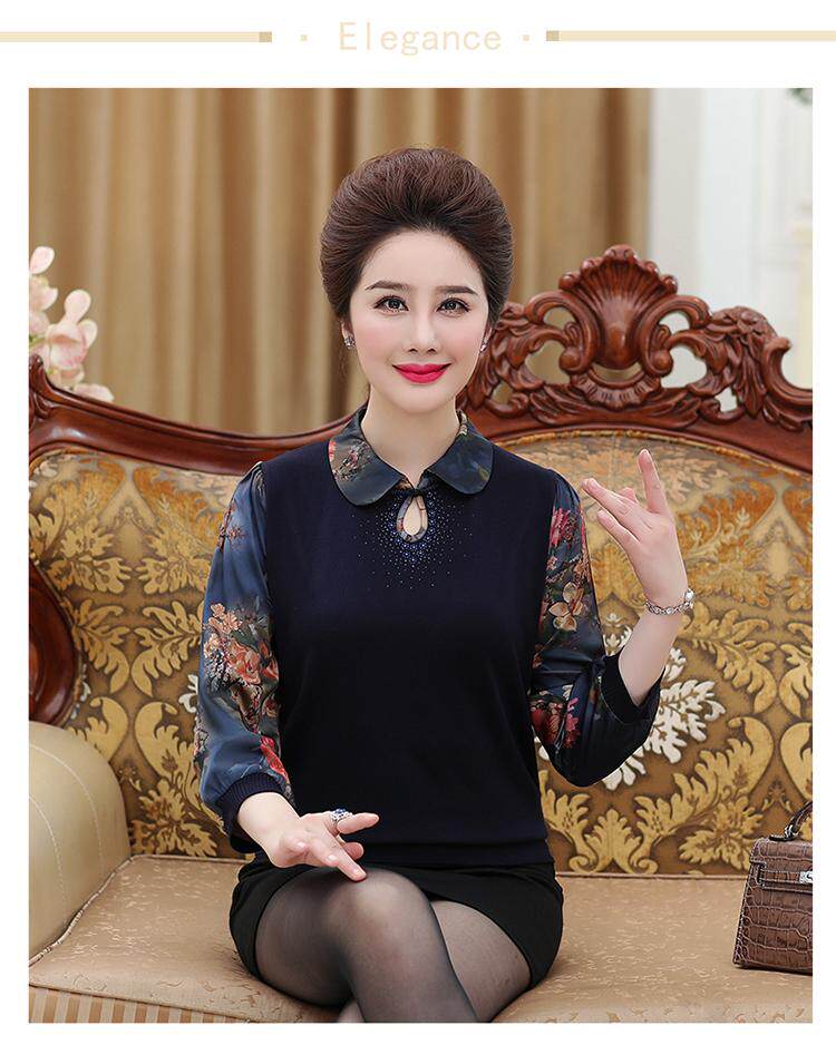 妈妈夏装长袖t恤 中老年人初秋装翻领衬衣服女40岁50大码旗袍上衣