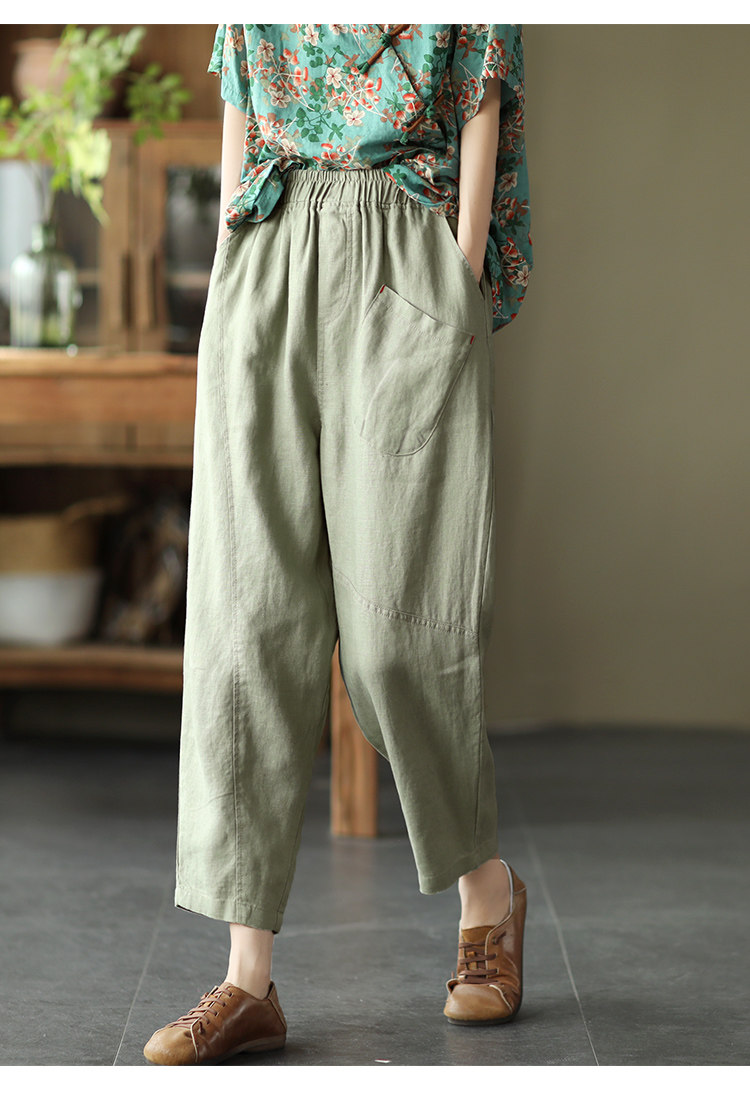 琪镌绘制夏款复古苎麻女裤松紧腰显瘦拼接哈伦裤纯色休闲九分裤