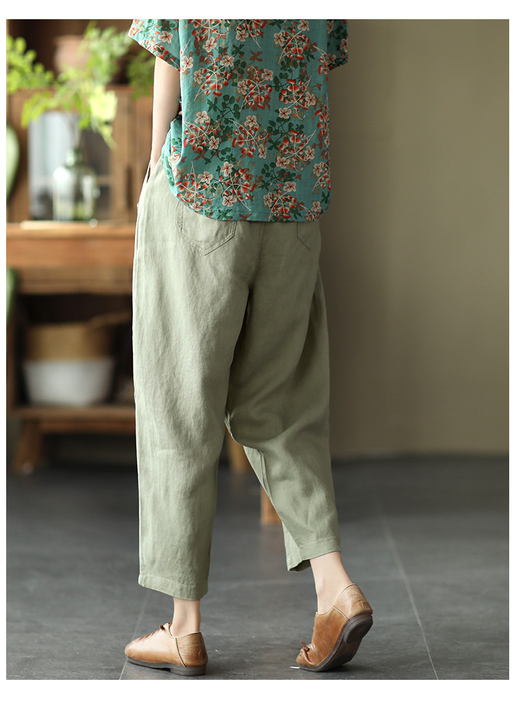 琪镌绘制夏款复古苎麻女裤松紧腰显瘦拼接哈伦裤纯色休闲九分裤