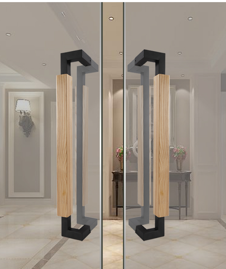 现代玻璃门拉手实木扶手酒店门把手侧装有框推拉门原木大拉手黑色