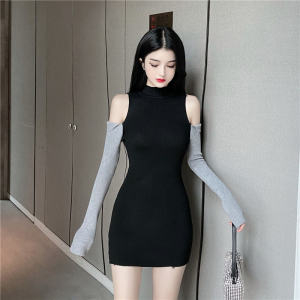 Autumn winter net red new sexy color matching off shoulder slim knit dress