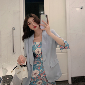 New Korean version of simple one button suit coat + suspender print dress two piece suit