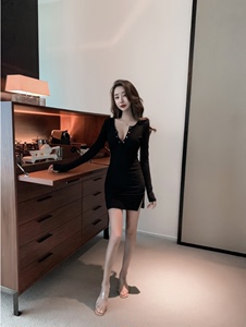 Women’s new waist closing goddess Long Sleeve Black Dress