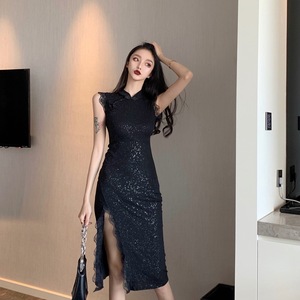 Women’s lace lace split cheongsam flash Dress Black