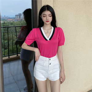 V-neck contrast Pullover versatile short sleeve knit top