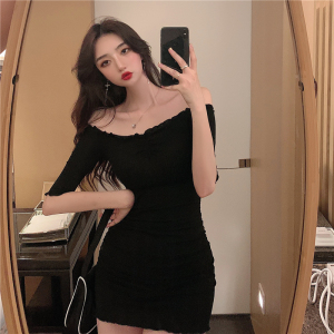 Korean chic temperament sexy one line shoulder slim slim fit hip pack solid color dress