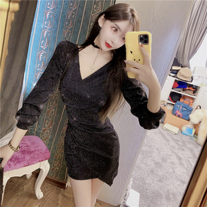 Sexy V-neck slim cropped long sleeve Hip Wrap Dress