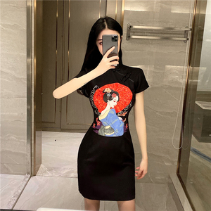 Fashion personality beauty head print short sleeve slim slit modified dress