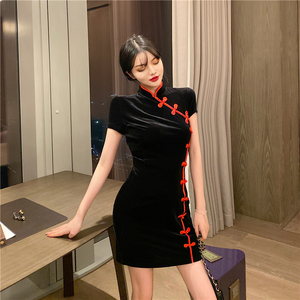 New Retro Chinese velvet short sleeve cheongsam dress