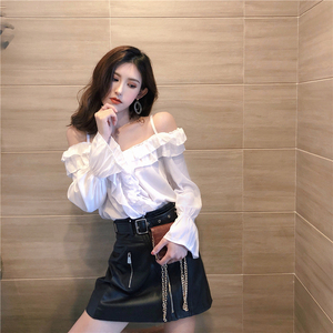 Fashionable spring and summer new style women’s top with one word Halter collar and ruffle edge