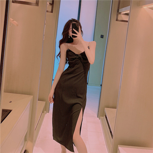 Real shot 5095 women’s temperament V-neck slim fit pleated sexy slit long skirt metal Sling Dress