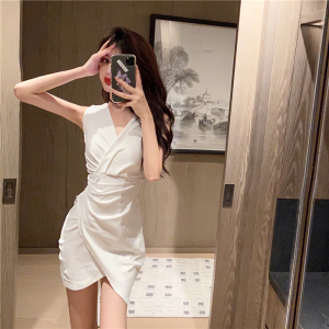 Fashion temperament celebrity sexy V-neck short sleeve hem irregular sleeveless dress