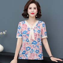 40-50 Year Old Mom Summer Clothing Short Sleeve Shirt Middle-aged Lady Summer Ocean Air T-Shirt Snow-spinning Shirt Loose V-neck sweatshirt