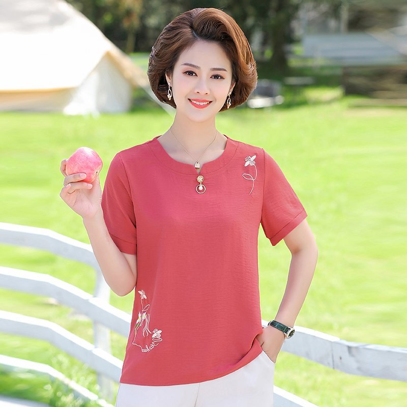 Middle-aged and elderly women's clothing moms summer loose cotton linen short sleeve blouse blouses big size fashion embroidered T-shirt small shirt