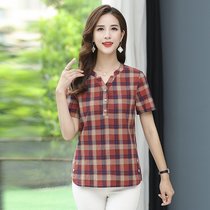 Middle aged womens clothing Mom Summer clothing Loose Short Sleeve Plaid Shirt-Middle-aged Korean Version Foreign Air Fashion V Collar T-shirt