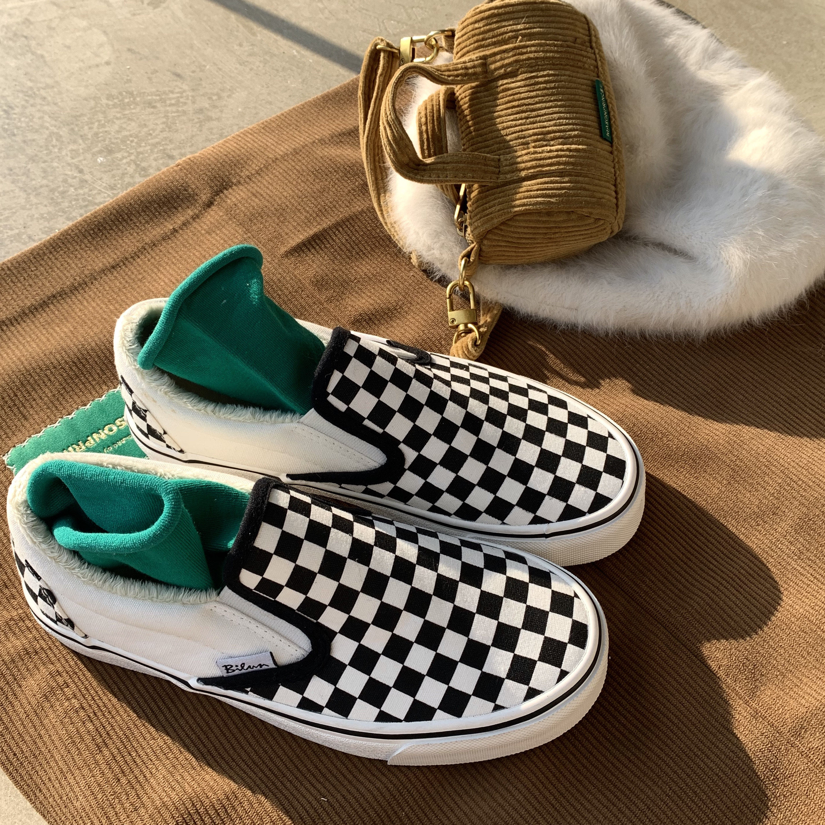 夏季ins棋盘黑白格一脚蹬帆布鞋百搭学院chic男女情侣布鞋