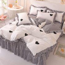 Net red Korean princess style bed skirt four-piece cotton cotton embroidery quilt cover twill bedspread bed skirt girl heart
