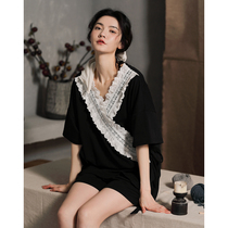 Japanese diagonal lace-up lace design ~ gentle pajamas women Summer cotton short sleeve thin summer casual set