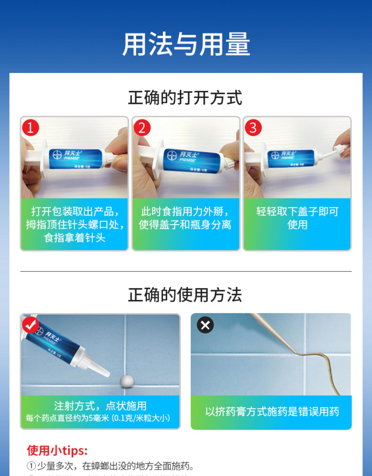 用法与用量正确的打开方式3拜灭士PREMOSE打开包装取出产品,此时食指用力外掰,轻轻取下盖子即可拇指顶住针头螺口处,使得盖子和瓶身分离使用食指拿着针头正确的使用方法X注射方式,点状施用每个药点直径约为5毫米(0.1克/米粒大小)以挤药膏方式施药是错误用药使用小tips:①少量多次,在蟑螂出没的地方全面施药。-推好价 | 品质生活 精选好价