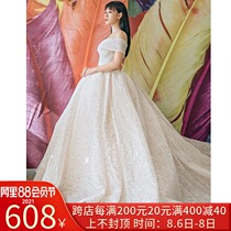 Wedding dress bride 2021 new simple forest department word shoulder starry sky heavy industry Hepburn long tail net red shaking sound