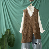 Autumn vintage hollow fat mm horse clip female blouse V collar outside shoulder large size knitted vest vest womens coat